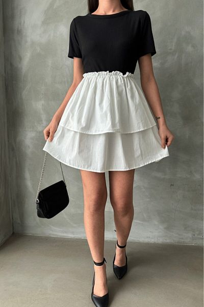 Betimoda Black Ecru Mini Balloon Dress - Short Sleeve Poplin