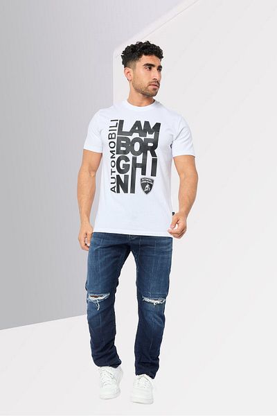 Lamborghini Men Crew Neck Short Sleeves Brand Logo T-shirt, White