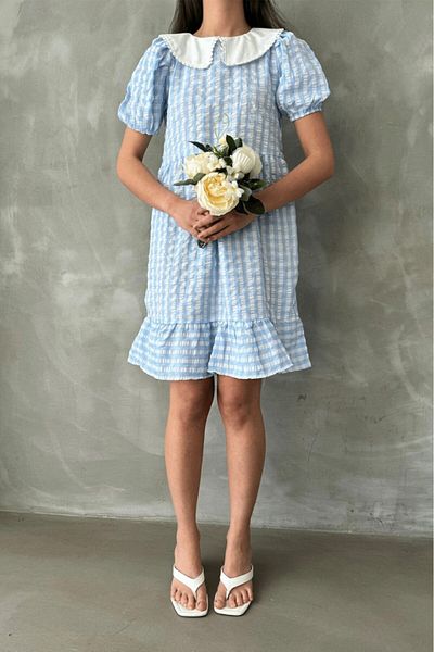 Betimoda Rochie cu mânecă scurtă Gingham Guler pentru copii Albastru