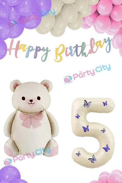 Party City Σετ γιορτής γενεθλίων με θέμα το μπαλόνι Big Bear με παπιγιόν 5 ετών - Μπαλόνι με φύλλο κρέμας με πεταλούδα