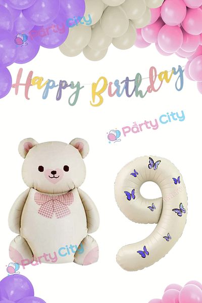 Party City Σετ γιορτής γενεθλίων με θέμα το μπαλόνι Big Bear με παπιγιόν 9 ετών - Μπαλόνι με φύλλο κρέμας με πεταλούδα