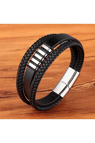 Choice silver Fashion 3 Layers Black Punk Style Design Leather Bracelet for Men Stainless Steel Magnetic Bu
