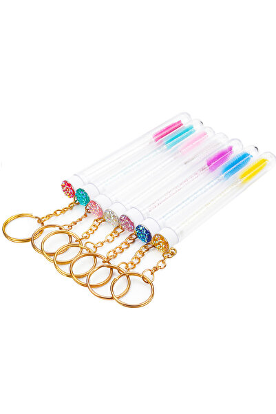 Choice1 مجموعة من 10 قطع من فرشاة الرموش الأنبوبية من النايلون مع سلسلة مفاتيح ذهبية وعصا ماسكارا لامعة للنساء