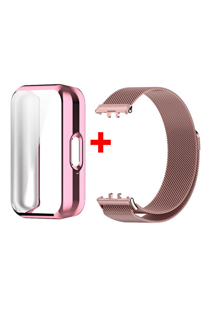 Choice18 Samsung Galaxy Fit 3 PinK-Pink Case+Metal Strap For Samsung Galaxy Fit 3 Stainless Steel Milanese Lo