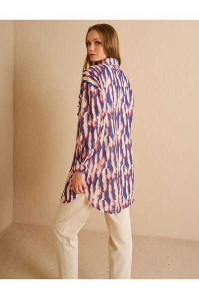 KYR Navy Blue Abstract Pattern Shirt Collar Tunic