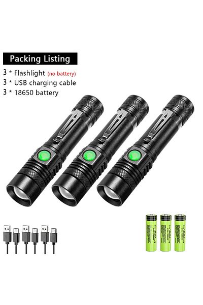 Choice 3PCS with Battery Powerful LED Flashlight Aluminum Alloy Portable Torch USB ReChargeable Outdoor Tac