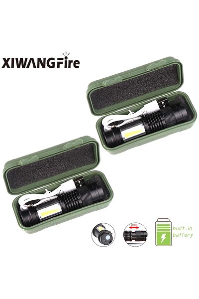 XIWANGFIRE 2PCS With Box Mini Portable 2000 Lumens Led Flashlight Built In Battery Torch COB Variable Focus Wat