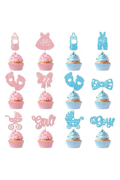 Choice 12pcs cake topper 12/24pcs Pink Blue Glitter Boy or Girl Cupcake Topper Gender Reveal Party Cake Dec