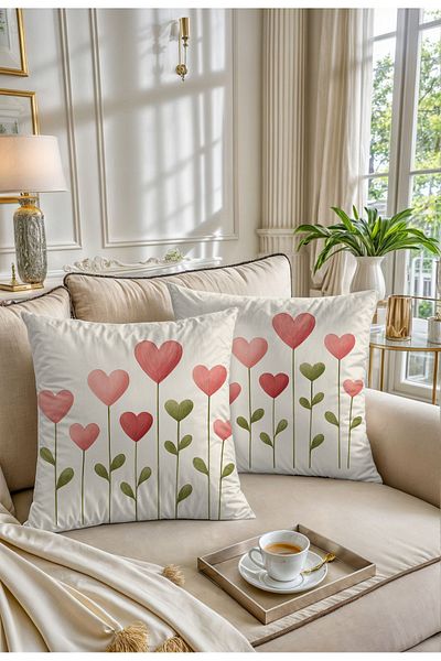 Hayal Dekoratif Punch Embroidery Patterned Heart Cream Background Digital Printed 2-Piece Throw Pillow Cover