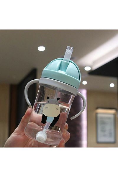 Choice Green 350ml Kids Drinking Cup Feeding Bottle With Straw Gravity Ball Wide Caliber Bottle