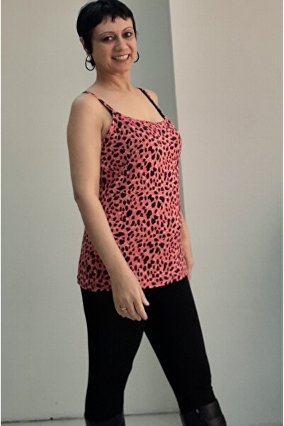 Mertcan Butik Coral Black Patterned Rope Strap Combed Viscose T-Shirt