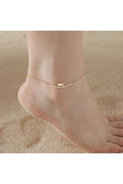 Choice AMS80054A Tiny Korean Chain Cat Charm Anklet For Women Gold Color Leaf Heartbeat Silver Plating Cat