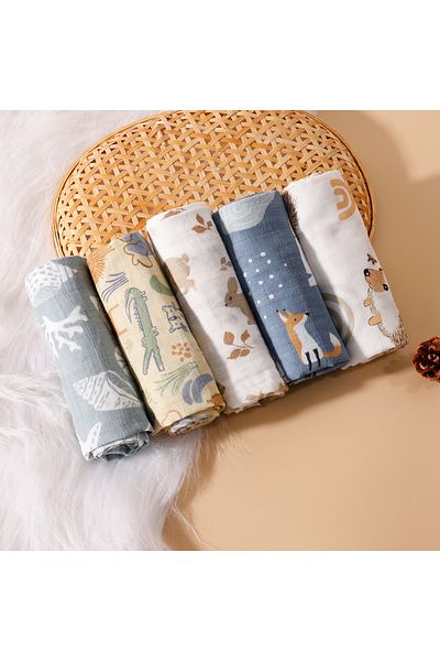 Choice مجموعة SF02 HappyFlute الجديدة المطبوعة من 5 قطع/مجموعة 60*60 سم من قماش الشاش الناعم لإطعام الأطفال حديثي الولادة من القطن الخالص