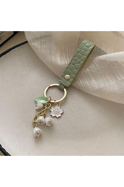 Choice سلسلة مفاتيح أنيقة من Style2 على شكل جرس أوركيد للنساء مصنوعة من الجلد والراتنج باللون الأخضر مع لؤلؤ صناعي لطيف
