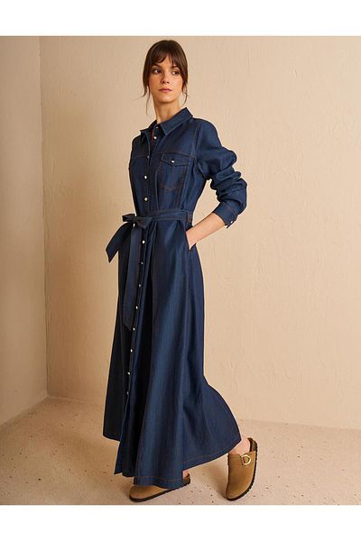 Kayra Πουκάμισο με γιακά με ζώνη Lyocell Φόρεμα Navy Blue