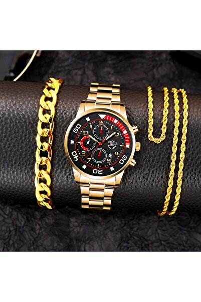 Choice مجموعة من 3 قطع ذهبية، مجموعة من 3 قطع ساعات رجالية أنيقة بتقويم، ساعة...