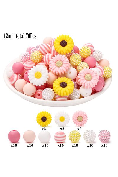 Choice Pink 76Pcs Silicone Acrylic Beads Set 12mm Round Daisy Flower Shape Focus Beads For Teether Baby Pac