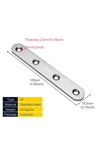 Choice 4pcs 125X18.5mm Flat Straight Brace Brackets 1.5-7.3 Inch Stainless Steel Mending Joining Plates Rep