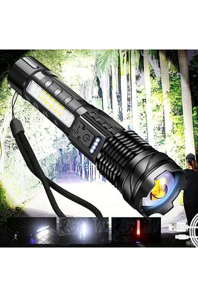 ESMARTER 18650 A76 Black L 1pc Super Powerful Rechargeable Torch Flood Light With Side Light For Outdoor Camp