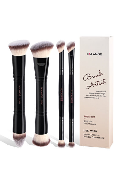 Choice5 مجموعة فرش مكياج أساسية من مانج، مكونة من 4 قطع، باللون الأسود والبيج، مع علبة، ذات طرفين، لأساسات البودرة وأحمر الخدود