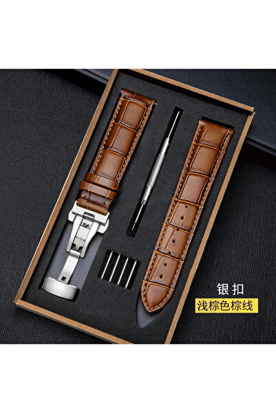Choice سوار ساعة بني فاتح مقاس 22 مم مع مشبك فراشة خشبي وسوار ساعة بديل من الجلد الأصلي