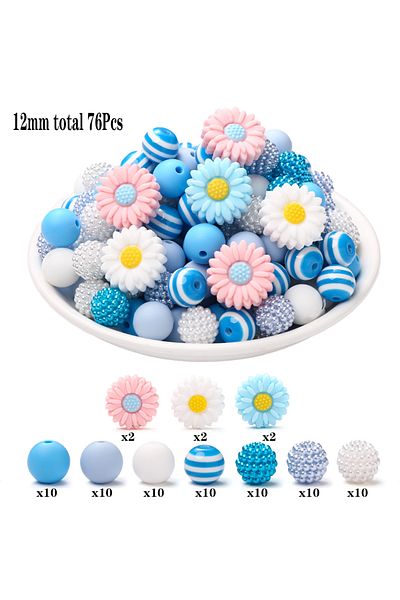 Choice Blue 76Pcs Silicone Acrylic Beads Set 12mm Round Daisy Flower Shape Focus Beads For Teether Baby Pac