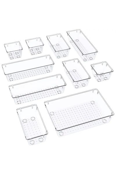 Choice Clear 10-Piece Clear Plastic Drawer Organizers Set,Makeup, Kitchen Gadgets, Office Supplies - 4 Size