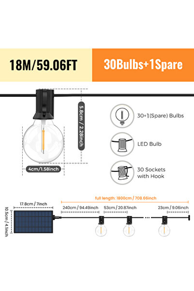 Choice سلسلة مصابيح خارجية تعمل بالطاقة الشمسية من Mexllex بطول 18 مترًا و30 مصباحًا، بطول 15.5 مترًا وG40، مزودة بـ 8 أوضاع إضاءة، مقاومة للماء ومناسبة للفناء الكروي