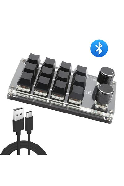 Romoral K12-Black-BT USB Macro Custom Mini Keyboard 12 Keys 2 Knob Programming DIY Mechanical Keyboard Gamin