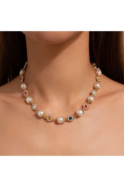 Choice C00k1js06753 Salircon Luxury Rhinestone Flowers Beads Choker Necklace For Women Elegant Imitation Pe