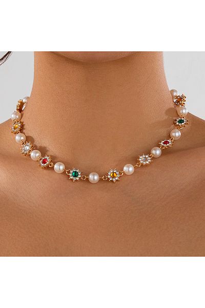 Choice C00k1js06759 Salircon Luxury Rhinestone Flowers Beads Choker Necklace For Women Elegant Imitation Pe