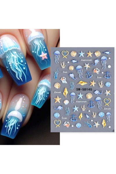 choice2 ملصقات أظافر SW-5D145 خماسية الأبعاد على شكل قنديل البحر للشاطئ الصيف...