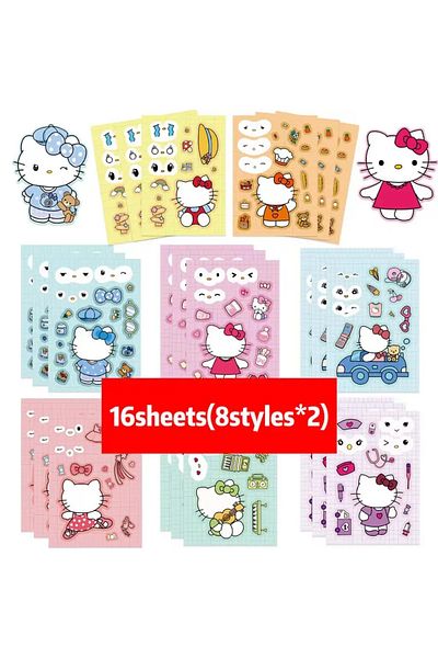 Choice 8ZD115-16sheets 8/16Sheets Cute Hello Kitty Anime Puzzle Stickers DIY Make-a-Face Assemble Funny Car