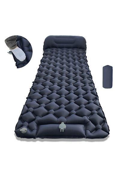 Choice LT-04 وسادة نوم قابلة للطي للتخييم في الهواء الطلق، لون أزرق داكن، مرتبة قابلة للنفخ على الشاطئ مع وسائد.