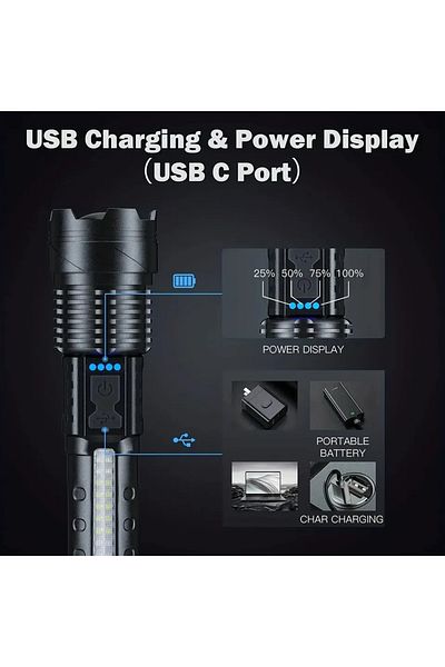 ESMARTER 18650 A76 Black L 1pc Super Powerful Rechargeable Torch Flood Light With Side Light For Outdoor Camp