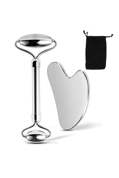 DUTRIEUX 2pcs Set With Bag 304 Stainless Steel Facial Roller Metal Gua Sha Facial Tools Set Face Body Treatme