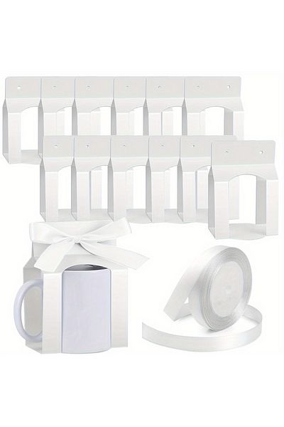 Choice 11.5x9.5x8.5cm WHITE 12pack Mug Boxes with 1 Roll Ribbon for Gifts, 11-12oz Sublimation Mugs Gift Pa