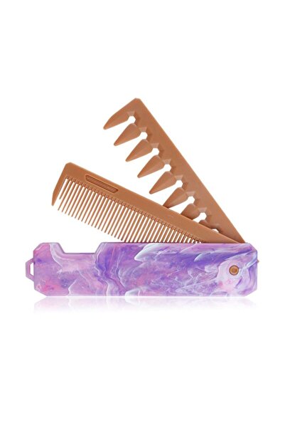 Choice1 مشط جيب قابل للطي 1/2/3 في 1 بلاستيكي جديد بنفسجي اللون، مشط رأس زيتي واسع الأسنان لتمشيط اللحية، مشبك حلاقة