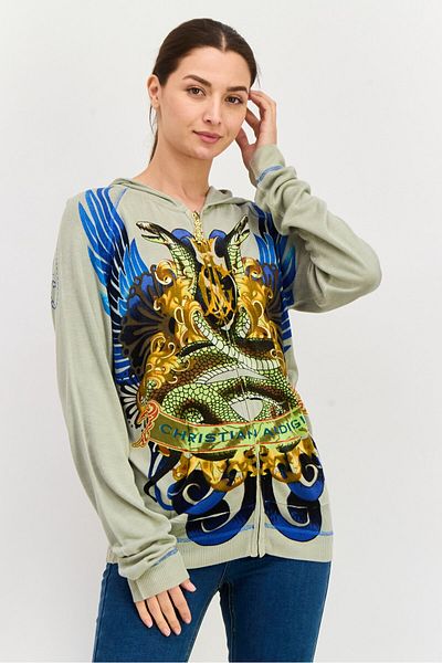 Christian Audigier Women Embellished Full Zip Sweatshirts, Grey