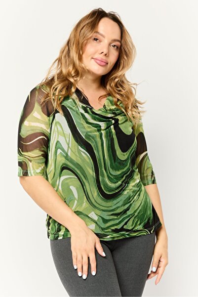 CYRUS Women Boat Neck Short Sleeves Abstract Mesh Blouse, Multicolor