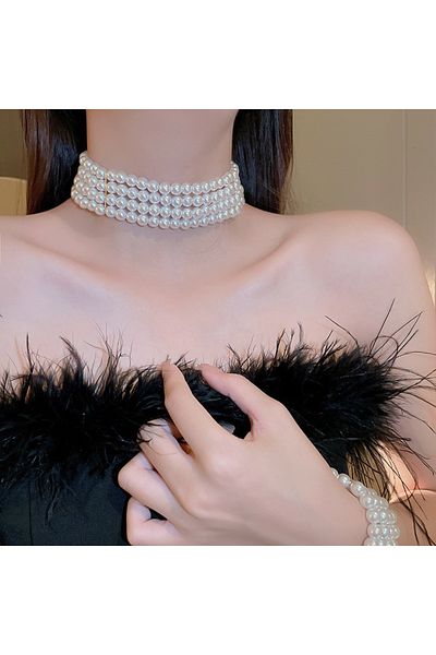 Choice HN3906-1 Multilayer Pearl Choker Necklaces for Women Short Geometric Crystal Chokers Necklace Vintag