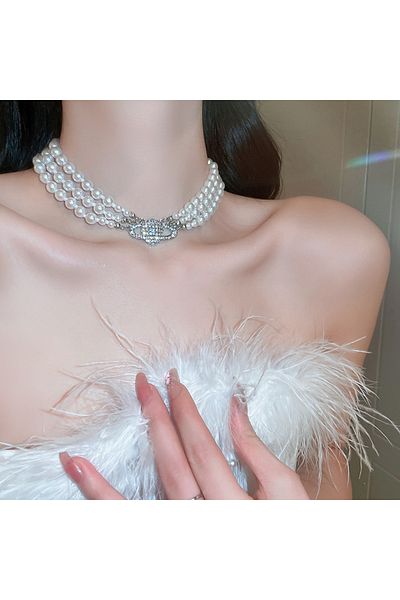 choice2 HN2578-2 Multilayer Pearl Choker Necklaces for Women Short Geometric Crystal Chokers Necklace Vintag