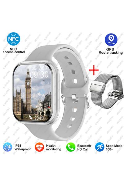 BOXUXING NFC Smart Watch Silver Mesh belt 2025 New Bluetooth Call Smart Watch Men Watch 9 Siri NFC GPS Tracke