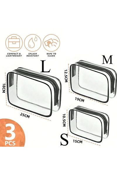 Choice 3pcs set black Clear Toiletry Bag,Portable Travel Makeup Bags With Zipper Clear Organizer Bags PVC C