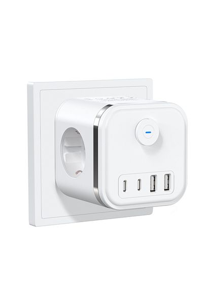Choice EU 3 White 3680W Wall Socket Extender with 3 AC Outlets 2 USB 2 Type C Ports, EU Plug Power Strip De