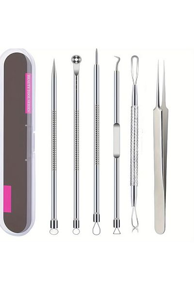 Choice Silver-6pc 6-pack Stainless Steel Acne Needles And Blackhead Removal Tools - Pore Cleansing Tools Fo