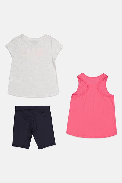 Puma Kids Girl 3pcs Brand Logo Top And Pull Shorts Set, White Heather/ Navy/pink
