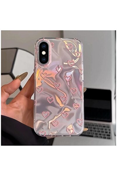 Pro Aksesuar Apple iPhone X Uyumlu Kılıf Kalp Desenli Silikon Kılıf Pembe