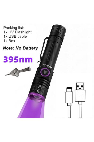 Choice Black 395nm-No Battery Zoom 365nm UV Flashlight USB Rechargeable Ultraviolet Nail lamp Torch Cat Dog