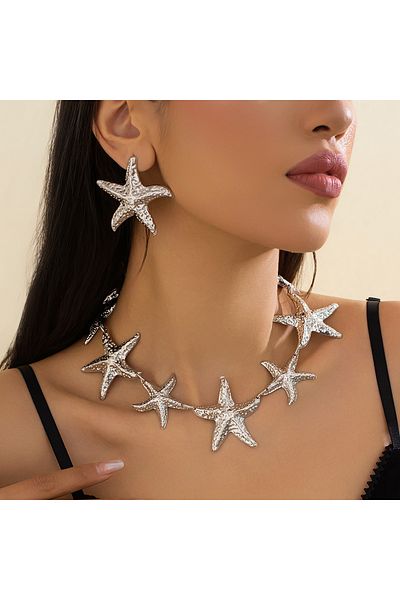 Choice Silver Set Salircon Bohemia Vintage Large Metal Starfish Choker Necklace Drop Earrings for Women Tr